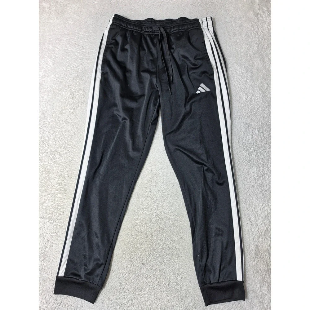 Adidas Track Pants Mens L Black White 3-Stripe Aeroready Tapered Joggers 32/30